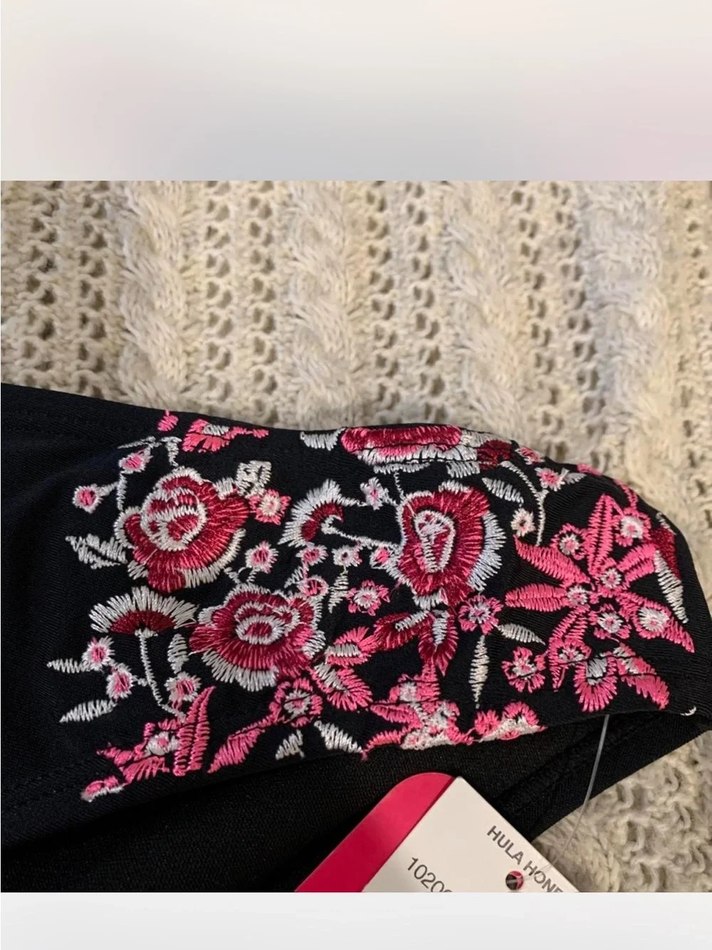 Hula Honey Women's Black Bikini Brief with Pink Floral Embroidery XL